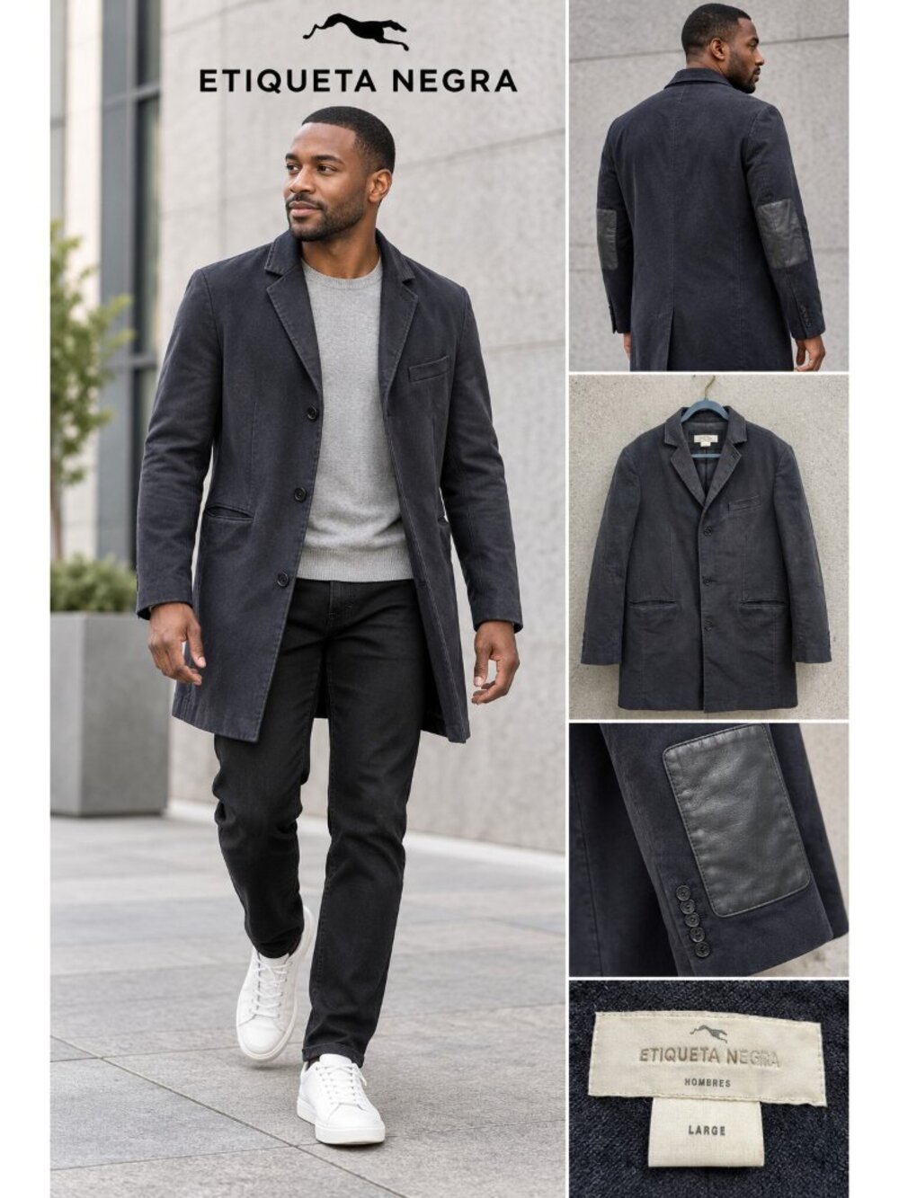 Etiqueta Negra Men’s Black Cotton Merino Wool Leather Trim Coat Size L